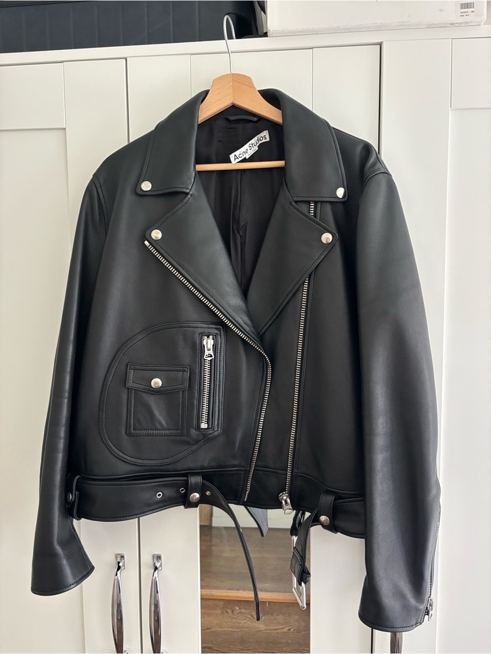 Acne Black Leather Moto Jacket with Belted Waist